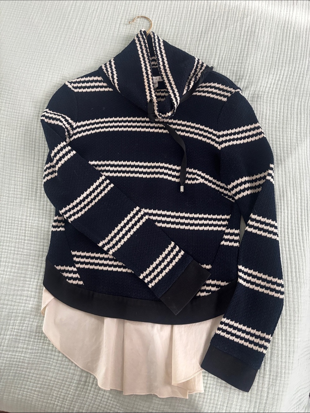 Veronica Beard Navy and Cream Striped Half-Zip Sweater